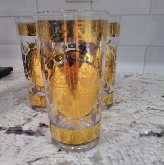 Vintage high ball tumblers set gold & blue fluer de lis & crowns detail - Picture 3 of 5
